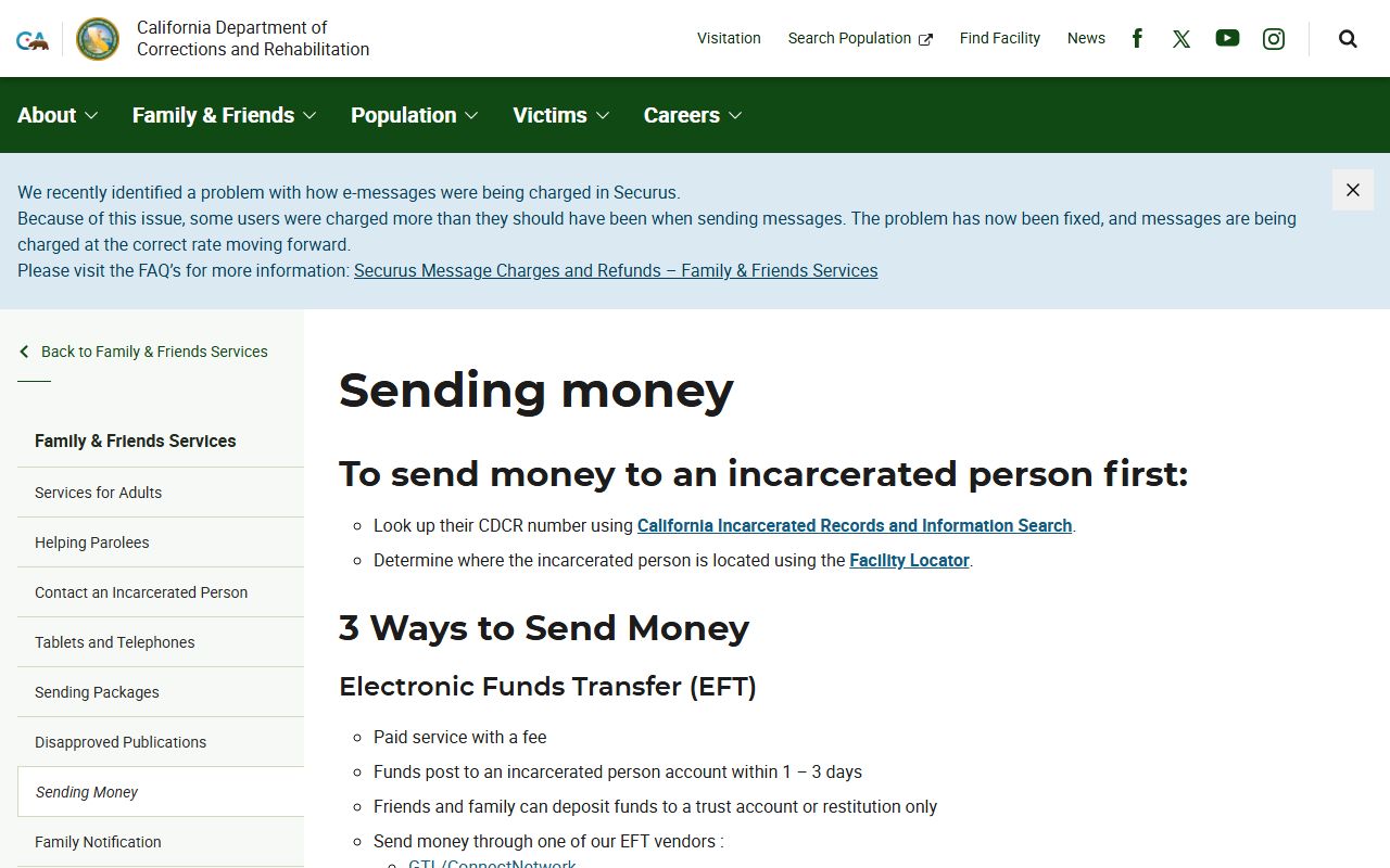 San Quentin Rehabilitation Center CDCR money deposit options