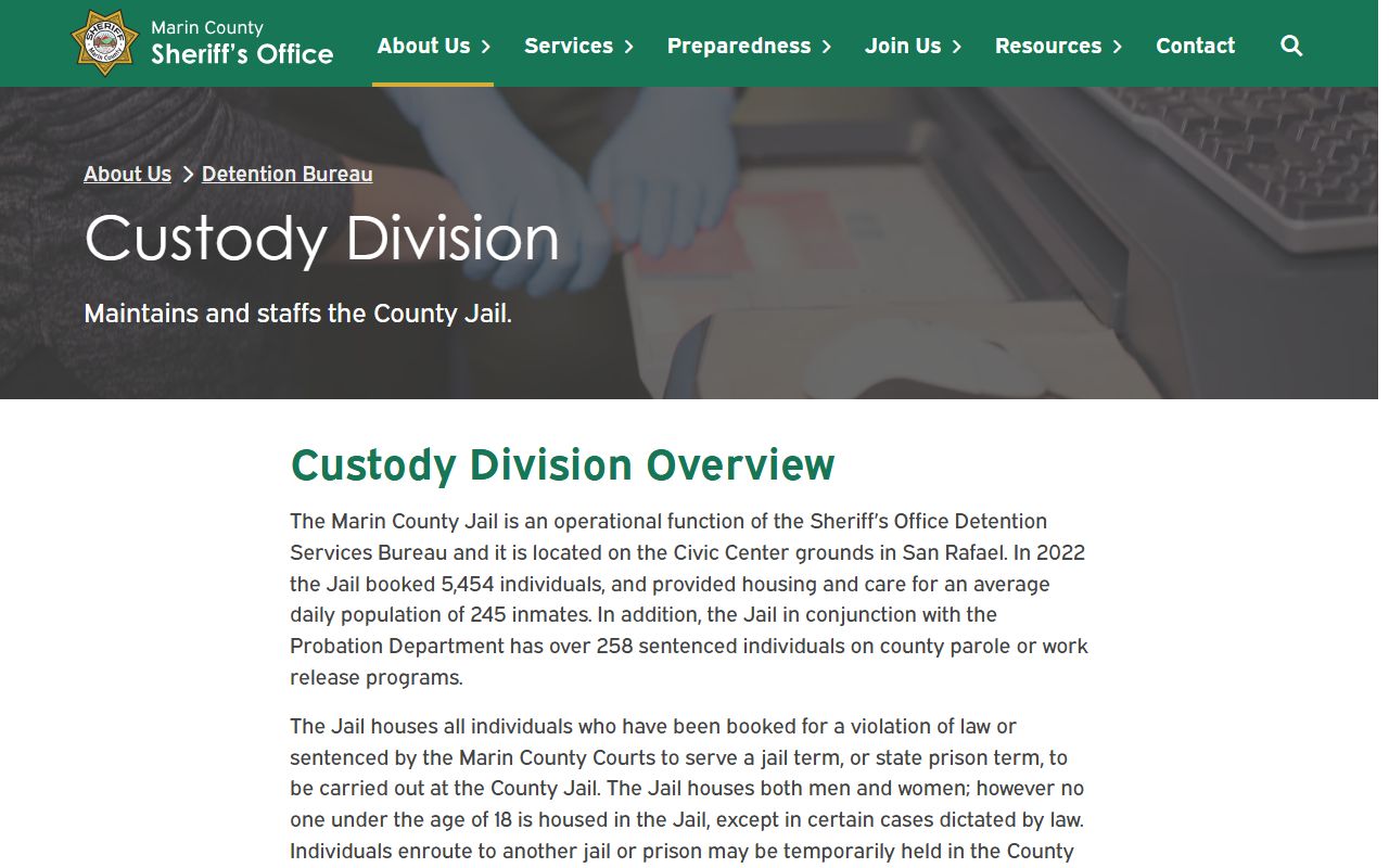 Marin County Jail custody division inmate records overview