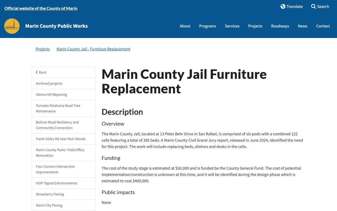 Marin County Jail facility capacity and cell furniture record