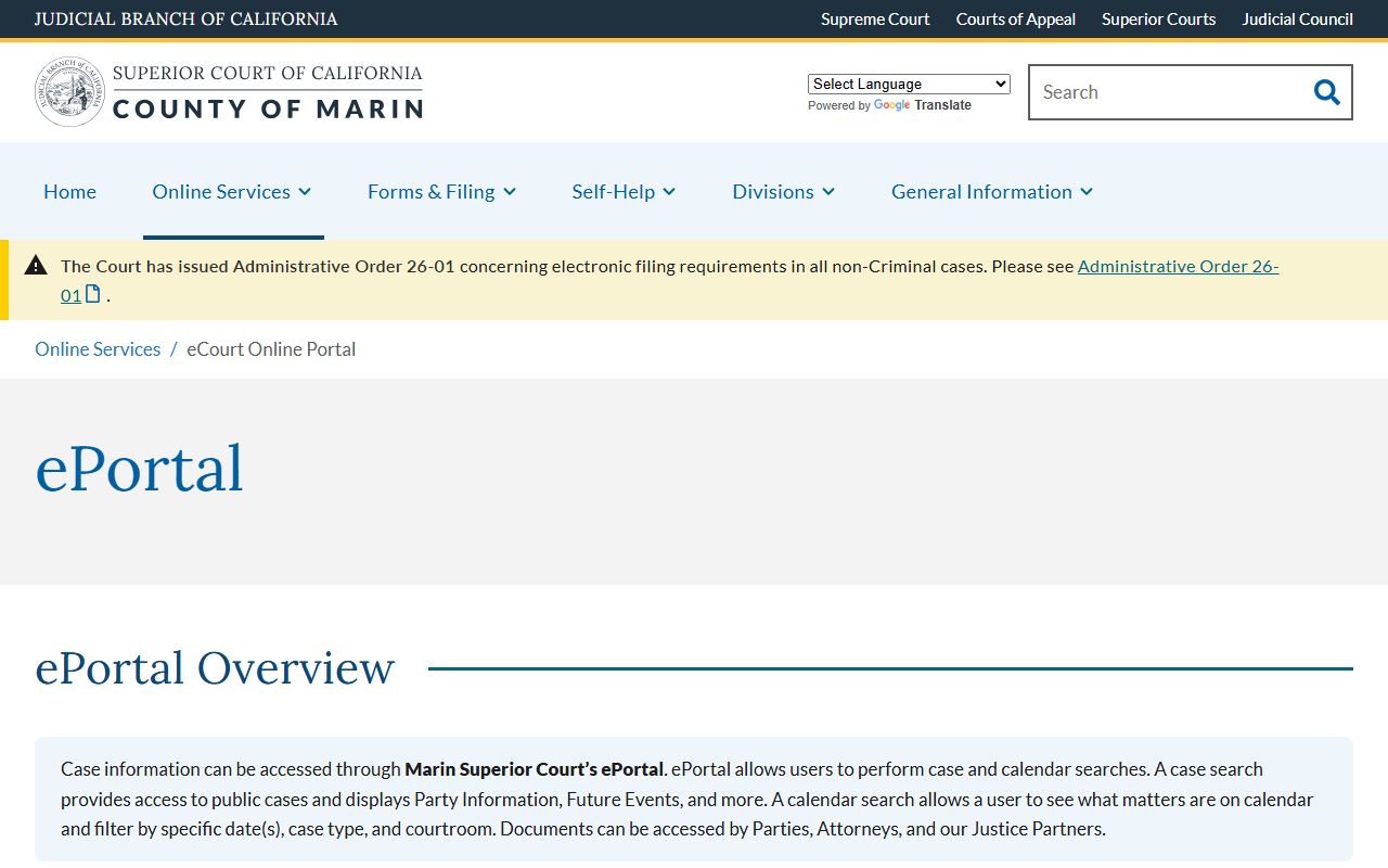 Marin County court records after arrest ePortal case search