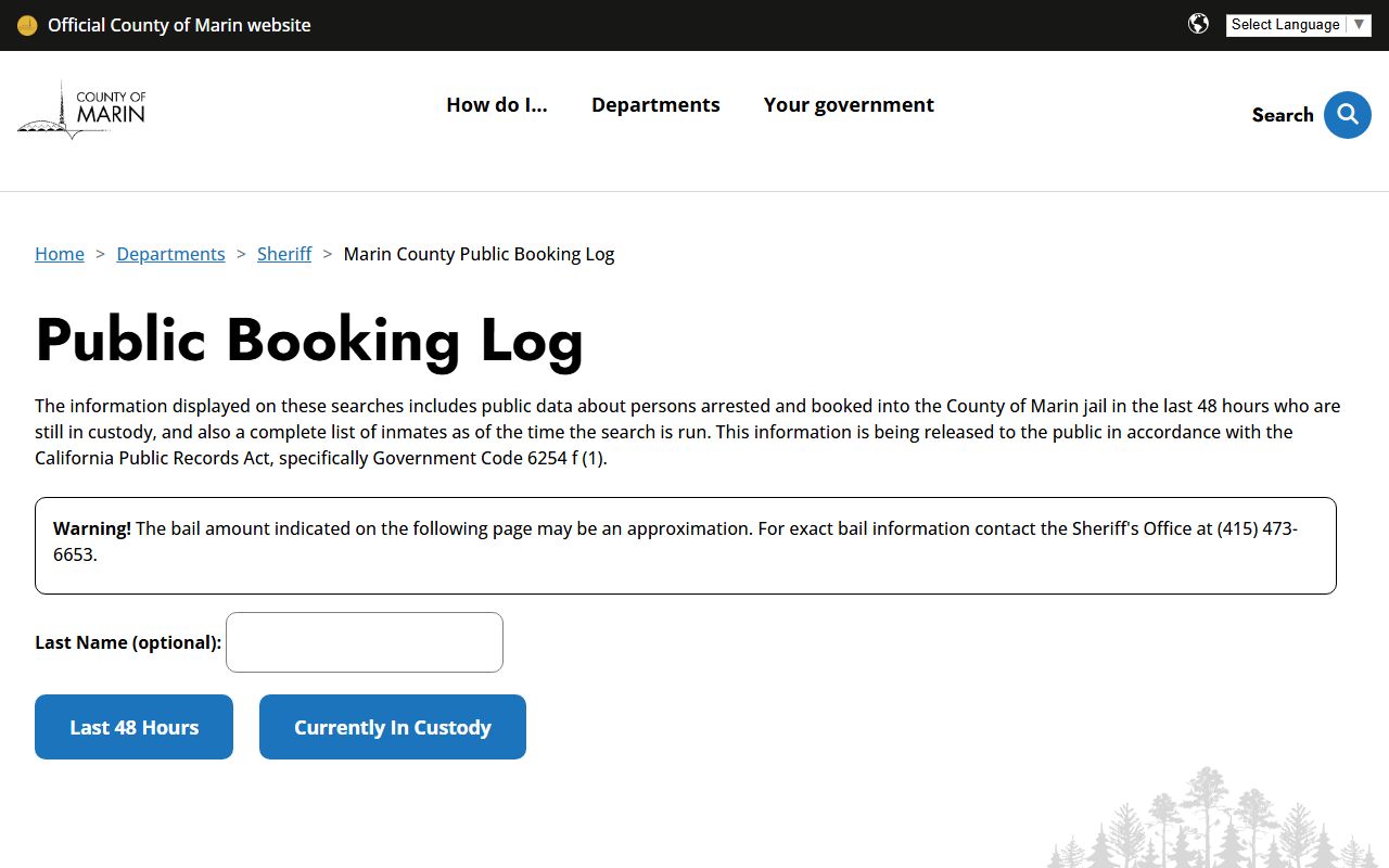 Marin County jail roster public booking log search for current inmate population