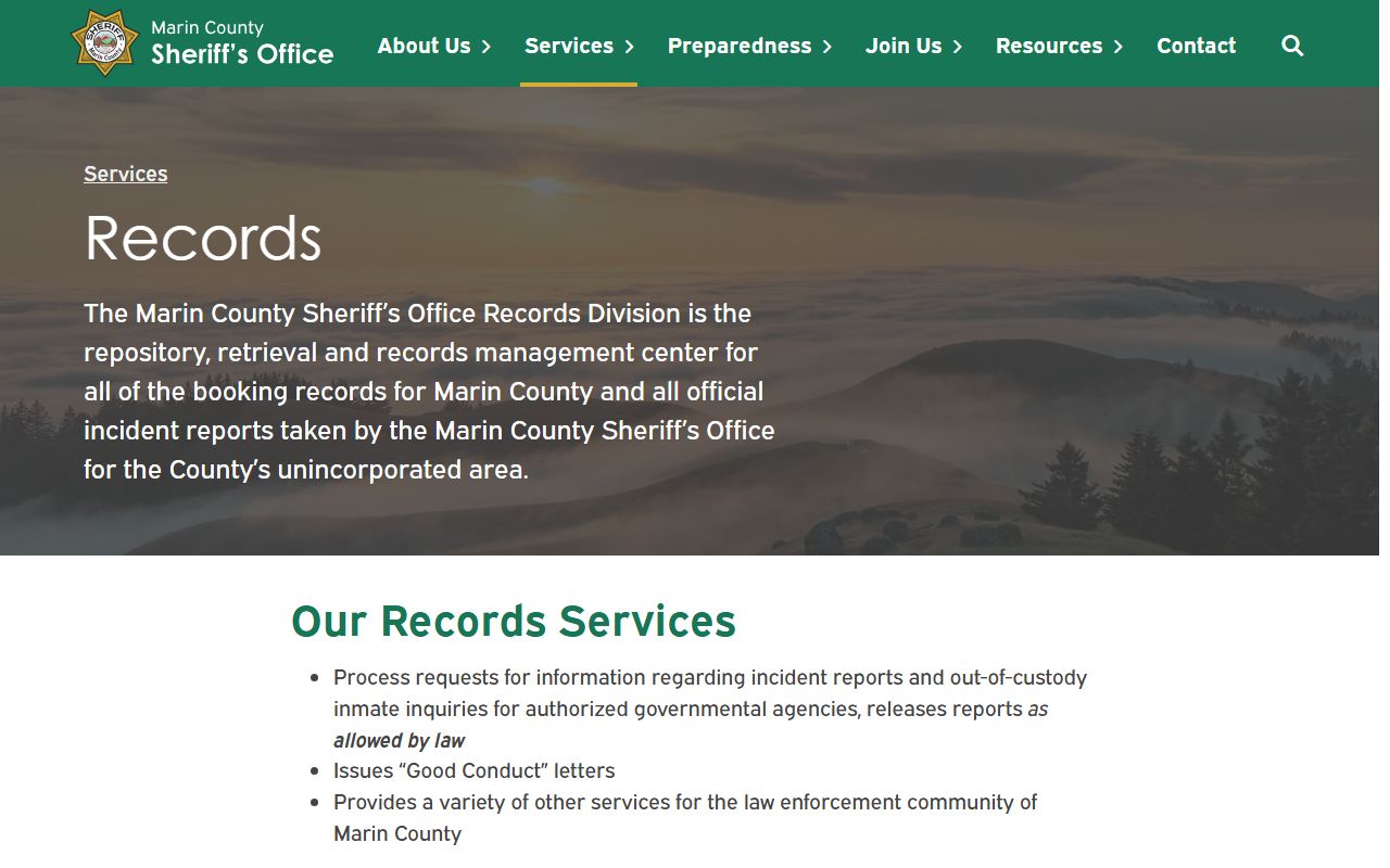 Marin County inmate records Sheriff Records Division request page